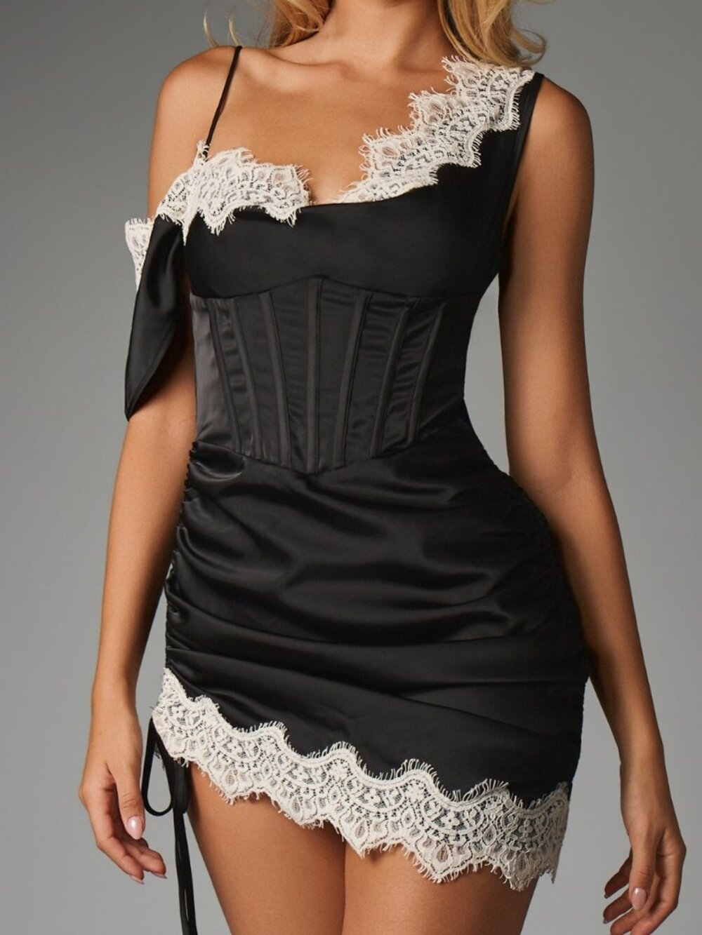 Black Elegant Women's Corset Bodice Lace Trim Mini Dress
